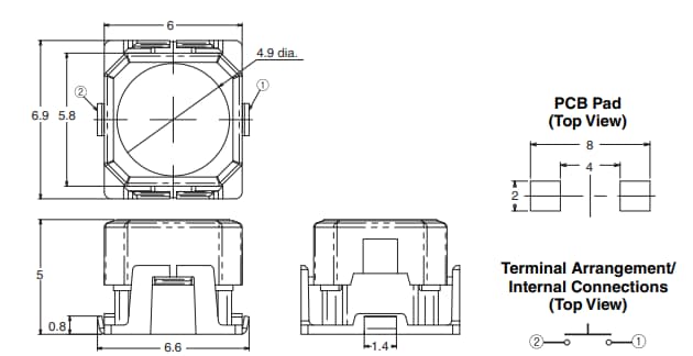 Mechanical Drawing - Omron Electronics B3AL Long Stroke Tactile Switches